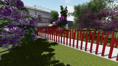 Memleketin peyzaj tasarımının 3 boyutlu görüntüsü. Bölgenin peyzajı. Bileşik peyzaj ve peyzaj çözümlerinin bilgisayar görselleştirmesi. Beyaz bahçe.