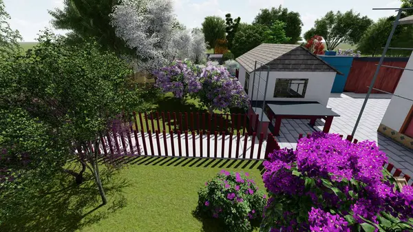 Memleketin peyzaj tasarımının 3 boyutlu görüntüsü. Bölgenin peyzajı. Bileşik peyzaj ve peyzaj çözümlerinin bilgisayar görselleştirmesi. Beyaz bahçe.