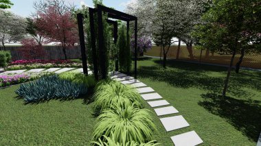 Memleketin peyzaj tasarımının 3 boyutlu görüntüsü. Bölgenin peyzajı. Birleşik peyzaj ve peyzaj çözümlerinin bilgisayar görselleştirmesi.