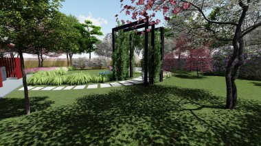 Memleketin peyzaj tasarımının 3 boyutlu görüntüsü. Bölgenin peyzajı. Birleşik peyzaj ve peyzaj çözümlerinin bilgisayar görselleştirmesi.