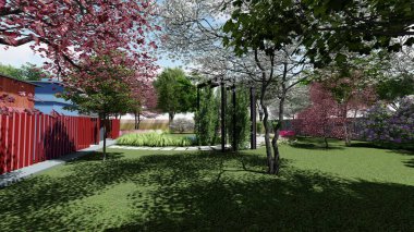 Memleketin peyzaj tasarımının 3 boyutlu görüntüsü. Bölgenin peyzajı. Birleşik peyzaj ve peyzaj çözümlerinin bilgisayar görselleştirmesi.