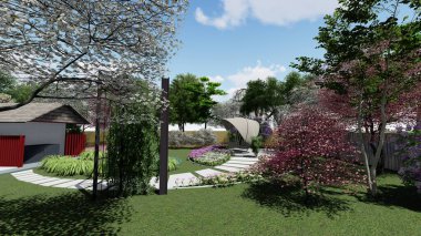 Memleketin peyzaj tasarımının 3 boyutlu görüntüsü. Bölgenin peyzajı. Birleşik peyzaj ve peyzaj çözümlerinin bilgisayar görselleştirmesi.