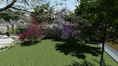 Memleketin peyzaj tasarımının 3 boyutlu görüntüsü. Bölgenin peyzajı. Birleşik peyzaj ve peyzaj çözümlerinin bilgisayar görselleştirmesi.