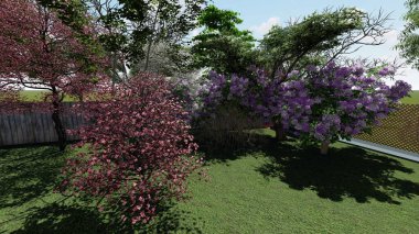 Memleketin peyzaj tasarımının 3 boyutlu görüntüsü. Bölgenin peyzajı. Birleşik peyzaj ve peyzaj çözümlerinin bilgisayar görselleştirmesi.