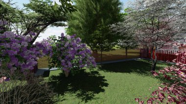 Memleketin peyzaj tasarımının 3 boyutlu görüntüsü. Bölgenin peyzajı. Birleşik peyzaj ve peyzaj çözümlerinin bilgisayar görselleştirmesi.