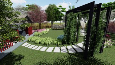 Memleketin peyzaj tasarımının 3 boyutlu görüntüsü. Bölgenin peyzajı. Birleşik peyzaj ve peyzaj çözümlerinin bilgisayar görselleştirmesi.