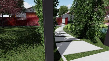 Memleketin peyzaj tasarımının 3 boyutlu görüntüsü. Bölgenin peyzajı. Birleşik peyzaj ve peyzaj çözümlerinin bilgisayar görselleştirmesi.