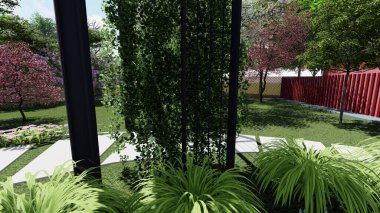 Memleketin peyzaj tasarımının 3 boyutlu görüntüsü. Bölgenin peyzajı. Birleşik peyzaj ve peyzaj çözümlerinin bilgisayar görselleştirmesi.