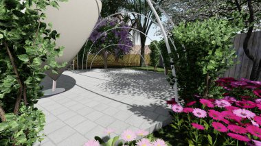 Memleketin peyzaj tasarımının 3 boyutlu görüntüsü. Bölgenin peyzajı. Birleşik peyzaj ve peyzaj çözümlerinin bilgisayar görselleştirmesi.