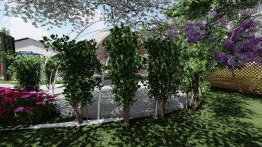 Memleketin peyzaj tasarımının 3 boyutlu görüntüsü. Bölgenin peyzajı. Birleşik peyzaj ve peyzaj çözümlerinin bilgisayar görselleştirmesi.