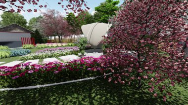 Memleketin peyzaj tasarımının 3 boyutlu görüntüsü. Bölgenin peyzajı. Birleşik peyzaj ve peyzaj çözümlerinin bilgisayar görselleştirmesi.