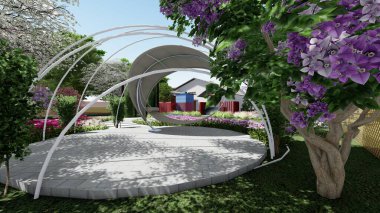 Memleketin peyzaj tasarımının 3 boyutlu görüntüsü. Bölgenin peyzajı. Birleşik peyzaj ve peyzaj çözümlerinin bilgisayar görselleştirmesi.