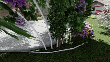 Memleketin peyzaj tasarımının 3 boyutlu görüntüsü. Bölgenin peyzajı. Birleşik peyzaj ve peyzaj çözümlerinin bilgisayar görselleştirmesi.