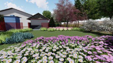 Memleketin peyzaj tasarımının 3 boyutlu görüntüsü. Bölgenin peyzajı. Birleşik peyzaj ve peyzaj çözümlerinin bilgisayar görselleştirmesi.