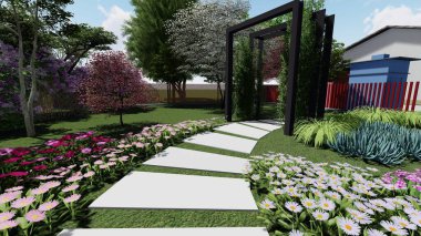 Memleketin peyzaj tasarımının 3 boyutlu görüntüsü. Bölgenin peyzajı. Birleşik peyzaj ve peyzaj çözümlerinin bilgisayar görselleştirmesi.