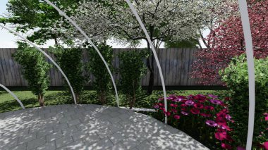 Memleketin peyzaj tasarımının 3 boyutlu görüntüsü. Bölgenin peyzajı. Birleşik peyzaj ve peyzaj çözümlerinin bilgisayar görselleştirmesi.