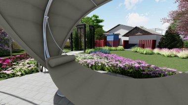 Memleketin peyzaj tasarımının 3 boyutlu görüntüsü. Bölgenin peyzajı. Birleşik peyzaj ve peyzaj çözümlerinin bilgisayar görselleştirmesi.