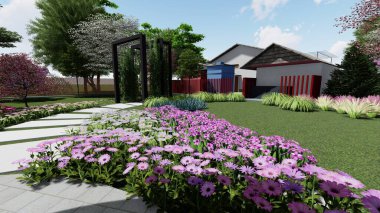 Memleketin peyzaj tasarımının 3 boyutlu görüntüsü. Bölgenin peyzajı. Birleşik peyzaj ve peyzaj çözümlerinin bilgisayar görselleştirmesi.