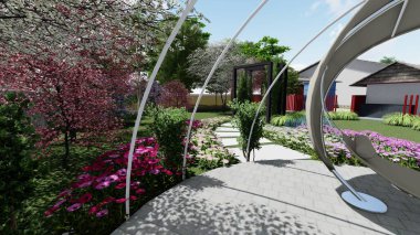 Memleketin peyzaj tasarımının 3 boyutlu görüntüsü. Bölgenin peyzajı. Birleşik peyzaj ve peyzaj çözümlerinin bilgisayar görselleştirmesi.