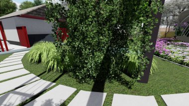 Memleketin peyzaj tasarımının 3 boyutlu görüntüsü. Bölgenin peyzajı. Birleşik peyzaj ve peyzaj çözümlerinin bilgisayar görselleştirmesi.