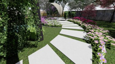 Memleketin peyzaj tasarımının 3 boyutlu görüntüsü. Bölgenin peyzajı. Birleşik peyzaj ve peyzaj çözümlerinin bilgisayar görselleştirmesi.