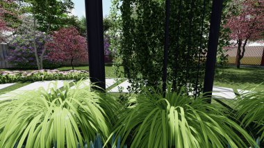 Memleketin peyzaj tasarımının 3 boyutlu görüntüsü. Bölgenin peyzajı. Birleşik peyzaj ve peyzaj çözümlerinin bilgisayar görselleştirmesi.