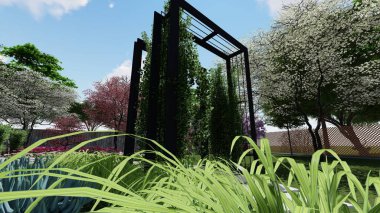 Memleketin peyzaj tasarımının 3 boyutlu görüntüsü. Bölgenin peyzajı. Birleşik peyzaj ve peyzaj çözümlerinin bilgisayar görselleştirmesi.