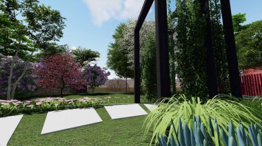 Memleketin peyzaj tasarımının 3 boyutlu görüntüsü. Bölgenin peyzajı. Birleşik peyzaj ve peyzaj çözümlerinin bilgisayar görselleştirmesi.