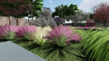 Memleketin peyzaj tasarımının 3 boyutlu görüntüsü. Bölgenin peyzajı. Birleşik peyzaj ve peyzaj çözümlerinin bilgisayar görselleştirmesi.