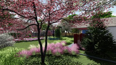 Memleketin peyzaj tasarımının 3 boyutlu görüntüsü. Bölgenin peyzajı. Birleşik peyzaj ve peyzaj çözümlerinin bilgisayar görselleştirmesi.