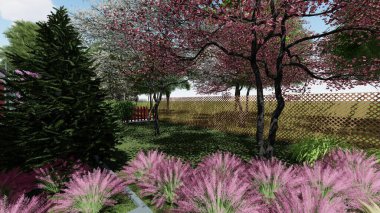 Memleketin peyzaj tasarımının 3 boyutlu görüntüsü. Bölgenin peyzajı. Birleşik peyzaj ve peyzaj çözümlerinin bilgisayar görselleştirmesi.