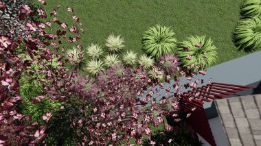 Memleketin peyzaj tasarımının 3 boyutlu görüntüsü. Bölgenin peyzajı. Birleşik peyzaj ve peyzaj çözümlerinin bilgisayar görselleştirmesi.