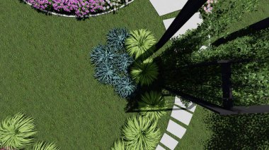 Memleketin peyzaj tasarımının 3 boyutlu görüntüsü. Bölgenin peyzajı. Birleşik peyzaj ve peyzaj çözümlerinin bilgisayar görselleştirmesi.