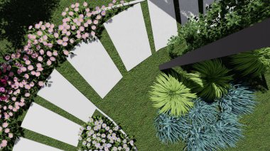 Memleketin peyzaj tasarımının 3 boyutlu görüntüsü. Bölgenin peyzajı. Birleşik peyzaj ve peyzaj çözümlerinin bilgisayar görselleştirmesi.