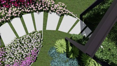 Memleketin peyzaj tasarımının 3 boyutlu görüntüsü. Bölgenin peyzajı. Birleşik peyzaj ve peyzaj çözümlerinin bilgisayar görselleştirmesi.