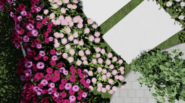 Memleketin peyzaj tasarımının 3 boyutlu görüntüsü. Bölgenin peyzajı. Birleşik peyzaj ve peyzaj çözümlerinin bilgisayar görselleştirmesi.