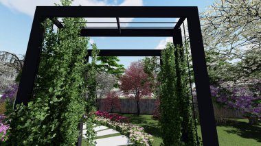 Memleketin peyzaj tasarımının 3 boyutlu görüntüsü. Bölgenin peyzajı. Birleşik peyzaj ve peyzaj çözümlerinin bilgisayar görselleştirmesi.