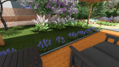 Memleketin peyzaj tasarımının 3 boyutlu görüntüsü. Bölgenin peyzajı. Birleşik peyzaj ve peyzaj çözümlerinin bilgisayar görselleştirmesi