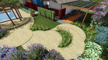 Memleketin peyzaj tasarımının 3 boyutlu görüntüsü. Bölgenin peyzajı. Birleşik peyzaj ve peyzaj çözümlerinin bilgisayar görselleştirmesi