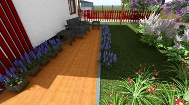 Memleketin peyzaj tasarımının 3 boyutlu görüntüsü. Bölgenin peyzajı. Birleşik peyzaj ve peyzaj çözümlerinin bilgisayar görselleştirmesi