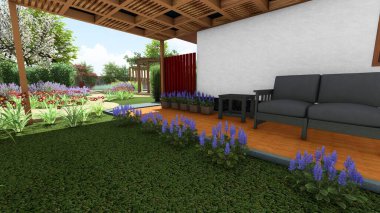 Memleketin peyzaj tasarımının 3 boyutlu görüntüsü. Bölgenin peyzajı. Birleşik peyzaj ve peyzaj çözümlerinin bilgisayar görselleştirmesi