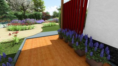 Memleketin peyzaj tasarımının 3 boyutlu görüntüsü. Bölgenin peyzajı. Birleşik peyzaj ve peyzaj çözümlerinin bilgisayar görselleştirmesi