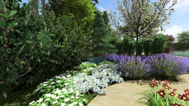 Memleketin peyzaj tasarımının 3 boyutlu görüntüsü. Bölgenin peyzajı. Birleşik peyzaj ve peyzaj çözümlerinin bilgisayar görselleştirmesi