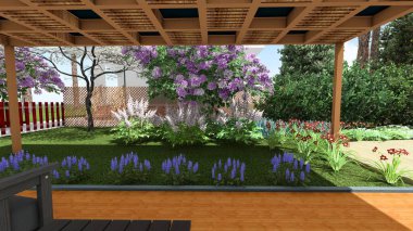 Memleketin peyzaj tasarımının 3 boyutlu görüntüsü. Bölgenin peyzajı. Birleşik peyzaj ve peyzaj çözümlerinin bilgisayar görselleştirmesi