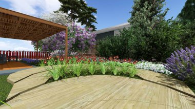 Memleketin peyzaj tasarımının 3 boyutlu görüntüsü. Bölgenin peyzajı. Birleşik peyzaj ve peyzaj çözümlerinin bilgisayar görselleştirmesi