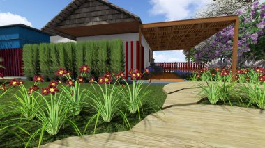 Memleketin peyzaj tasarımının 3 boyutlu görüntüsü. Bölgenin peyzajı. Birleşik peyzaj ve peyzaj çözümlerinin bilgisayar görselleştirmesi