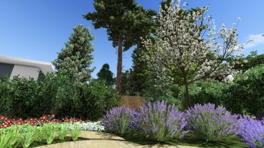 Memleketin peyzaj tasarımının 3 boyutlu görüntüsü. Bölgenin peyzajı. Birleşik peyzaj ve peyzaj çözümlerinin bilgisayar görselleştirmesi