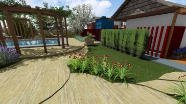 Memleketin peyzaj tasarımının 3 boyutlu görüntüsü. Bölgenin peyzajı. Birleşik peyzaj ve peyzaj çözümlerinin bilgisayar görselleştirmesi