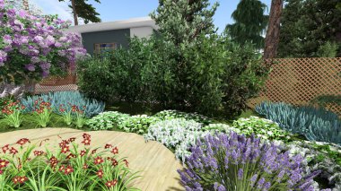 Memleketin peyzaj tasarımının 3 boyutlu görüntüsü. Bölgenin peyzajı. Birleşik peyzaj ve peyzaj çözümlerinin bilgisayar görselleştirmesi