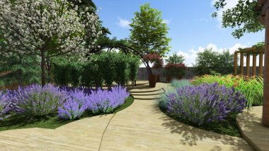 Memleketin peyzaj tasarımının 3 boyutlu görüntüsü. Bölgenin peyzajı. Birleşik peyzaj ve peyzaj çözümlerinin bilgisayar görselleştirmesi